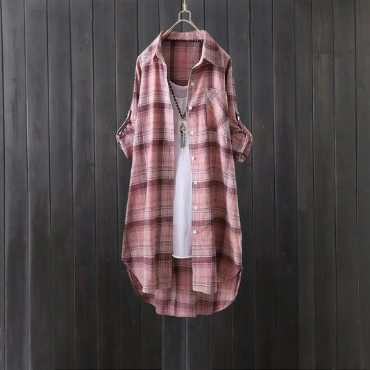 Plaid shirt women's long spring and autumn thin coat Western style long-sleeved shirt loose butt-covering cotton and linen top
