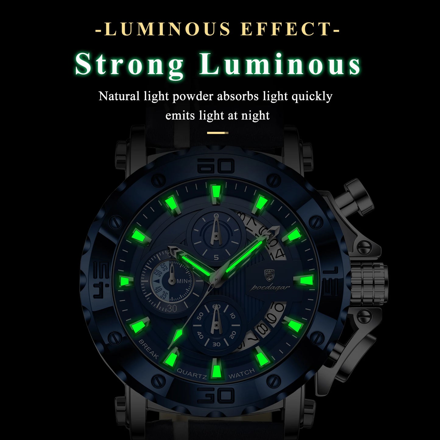 POEDAGAR High Quality Watch For Man Waterproof Luminous Date Fashion Men Clock Chronograph Leather Quartz Men's Watches Male+Box
