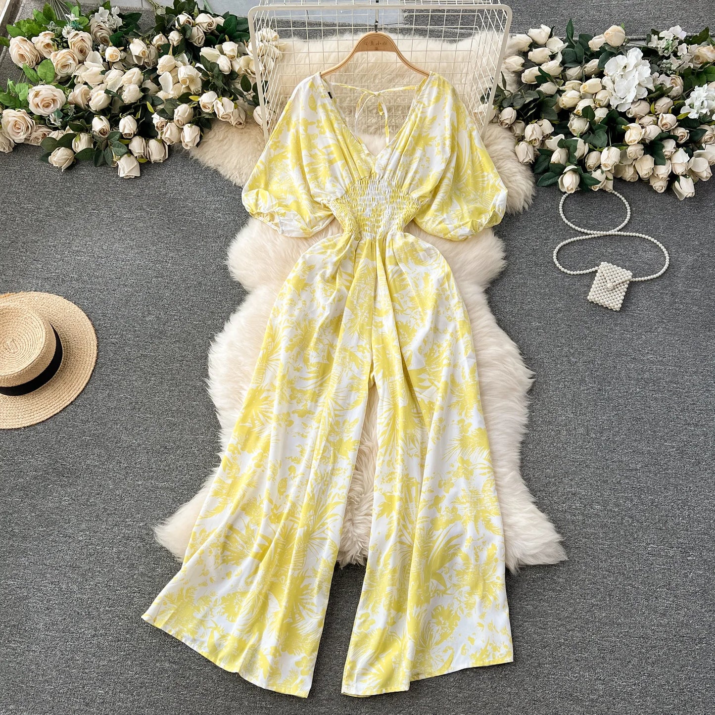 V Neck Sexy Dolman Sleeves Waist Slim Polka Dot Print Jumpsuit Women Wide Leg Trousers Jumpsuit