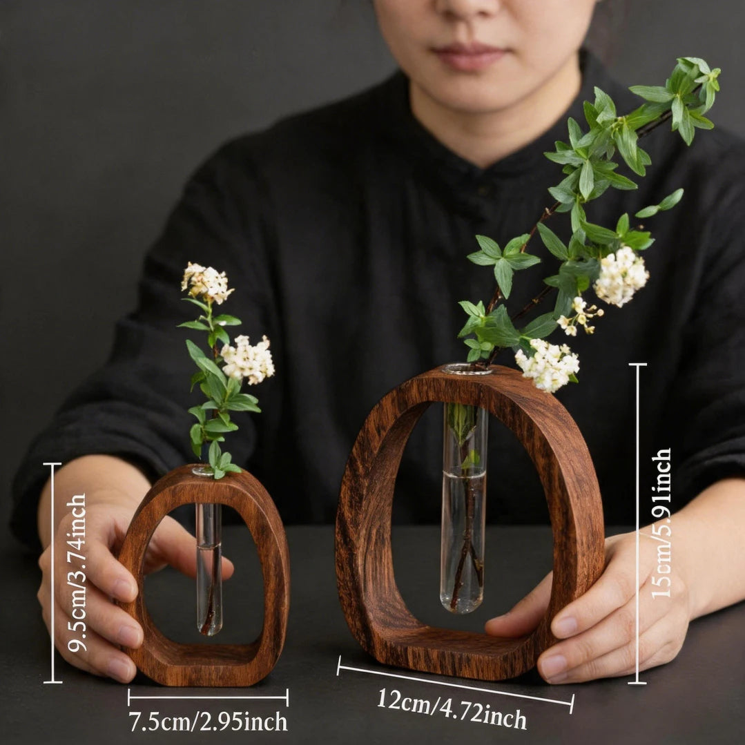 2Pcs/set Walnut Wood Glass Hydroponic Plant Container, Desptop Terrarium Bonsai Home Decor - Glass Tube Vase & Walnut Wood Base