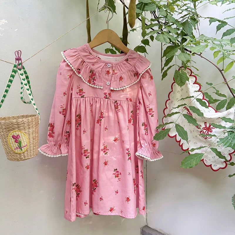 Retro Girls Dress 2025 Autumn New Toddler Kids Girls Cute Print Long-sleeved Sweet Princess Dress
