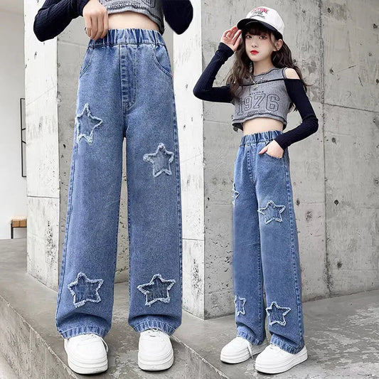 2-12 Years Spring  Autumn Girls Jeans Pentagram Decoration Long Denim Pants For Kids Children Outdoor Wear Straight Trousers