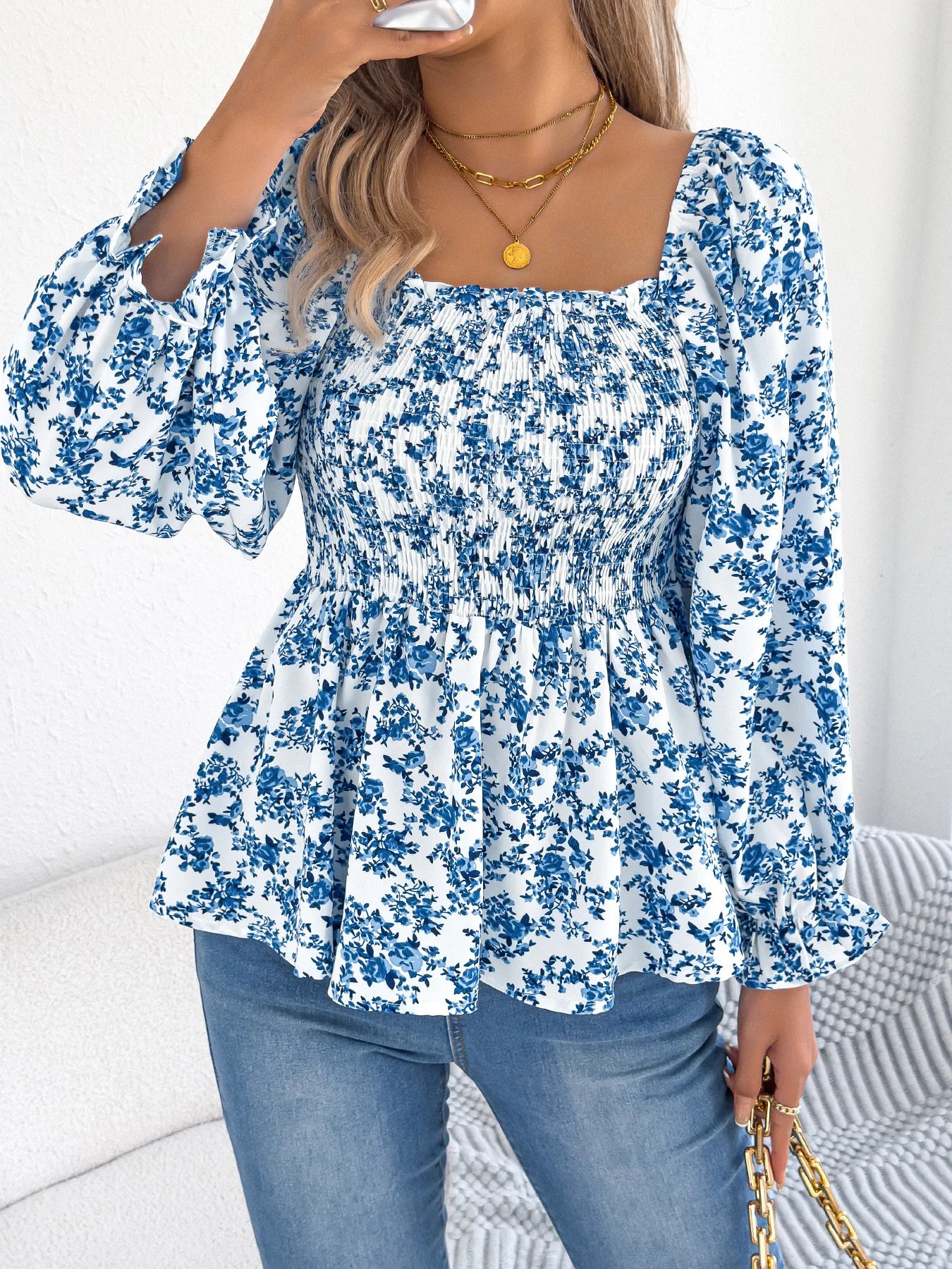 VigoCasey 2025 Spring Floral Print T-shirt Casual Women Lantern Long Sleeve Top Autumn Lady Square Neck Casual Club Short Tops