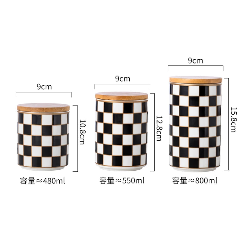 Black and White Lattice Storage Tank Checkerboard Sealed Tank Kitchen Storage Food Grade Ceramic Tank Box Tea Storage Tank