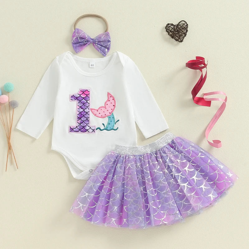 0-7Y Kids Girls Autumn Outfits Long Sleeve Number Embroidered Sweatshirt with Mermaid Tulle Skirts Sets Birthday Clothes