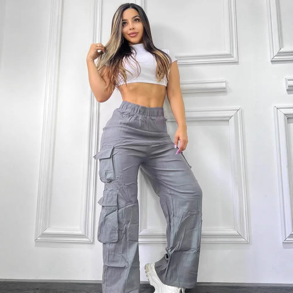 Women's Wide Leg Casual Work Pants Multi ket High Waist PVC Fabric Mid-aged Faion Trend High-waist No Stretch