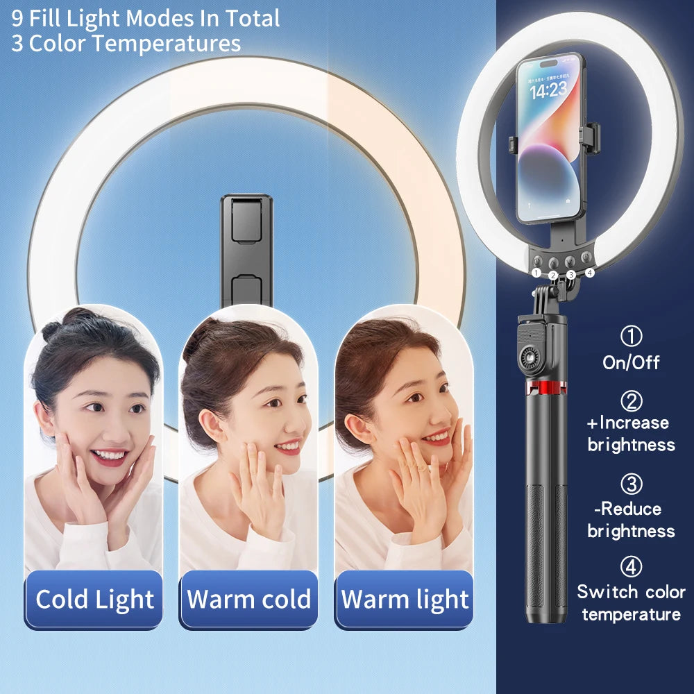 90" Selfie Stick Tripod and Phone Holder with 10" Dimmable LED Ring Light and Remote Shutter for Photography and Vlogging
