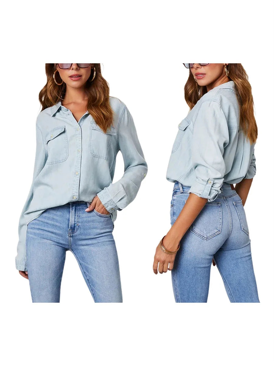 Women Denim Shirts Solid Color Turn Down Collar Long Sleeve Jean Blouses Spring Loose Casual Tops Streetwear