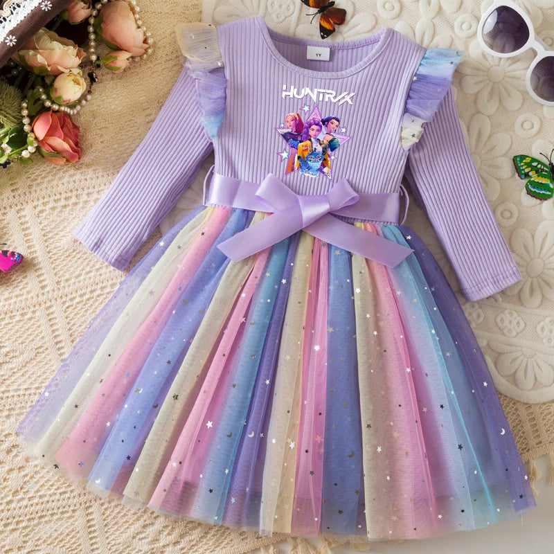 K-Pop Hunters Zoey Mira Rumi Colorful Princess Dress for Kids Girls Casual Long Sleeve Sequin Mesh Dresses Party Gift 1-5Y