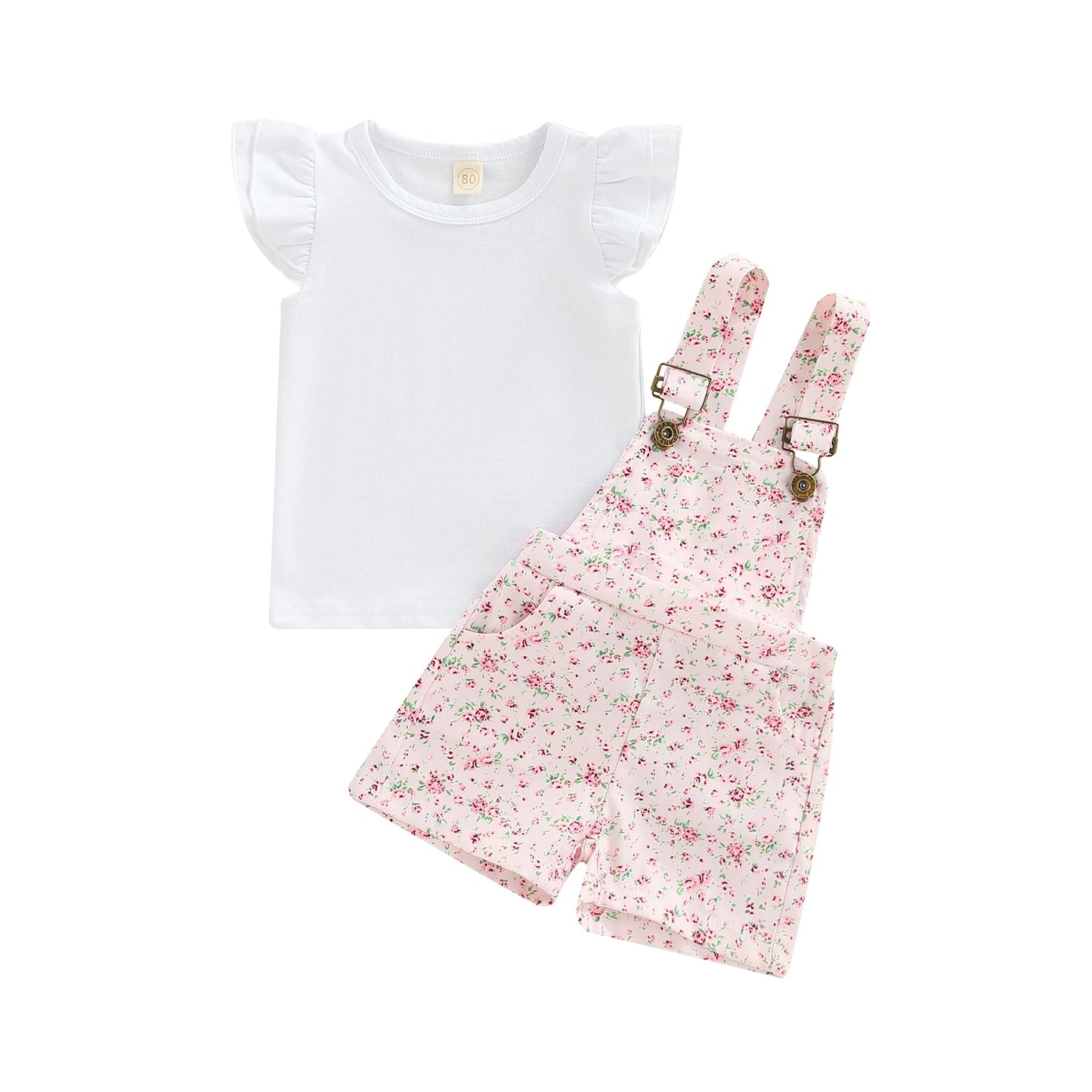 Little Infant Kid Girl 2PCS Pants Set Fly Sleeve Plain O-Neck T-Shirt, Floral Patterns Copper Buttons Suspender Short Pants 1-5T