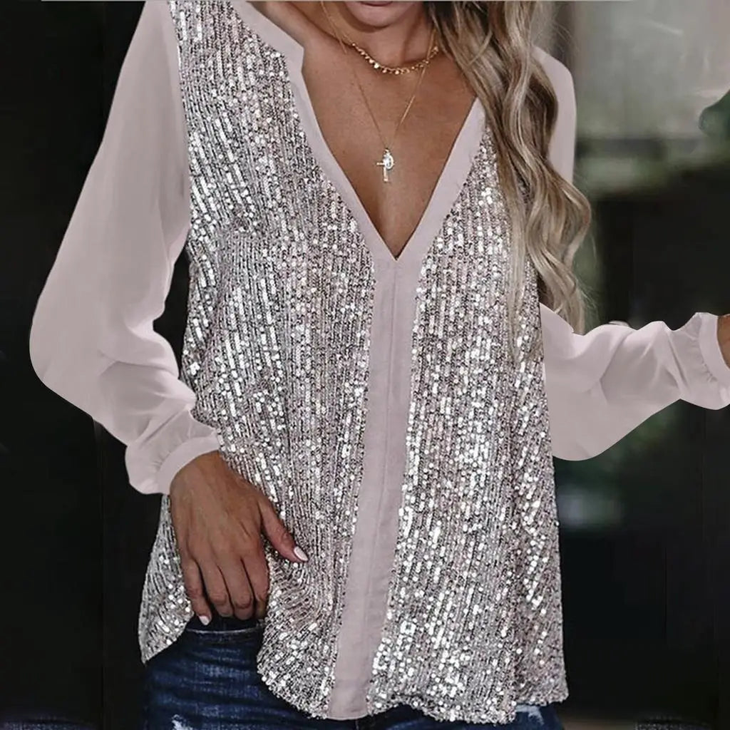 Womens Tops Sequins Blouse Long Sleeve Shirts Shiny Sequined Sweatshirt Patchwork Pullover Tops Loose Comfy Basic Shirt