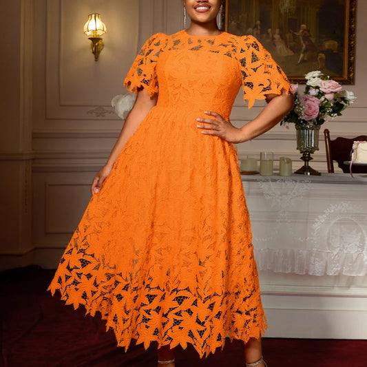 Elegant Lace Dress Irregualr Length Wedding Guest Bridal Shower for Bride Midi O Neck Hollow Out Women Classy Business Party New