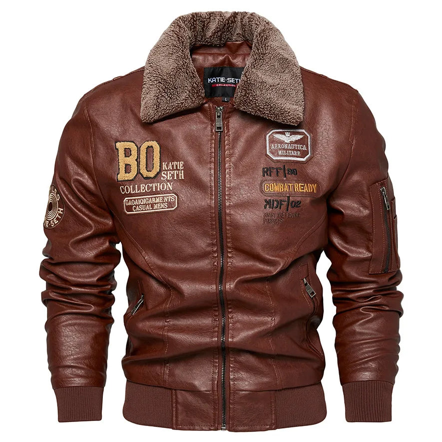 Business Slim fit Leather Bomber Jacket Men Slim Leather Flight Jacket Black Pilot Coat High Quality Man Fur collar Warm Jackets