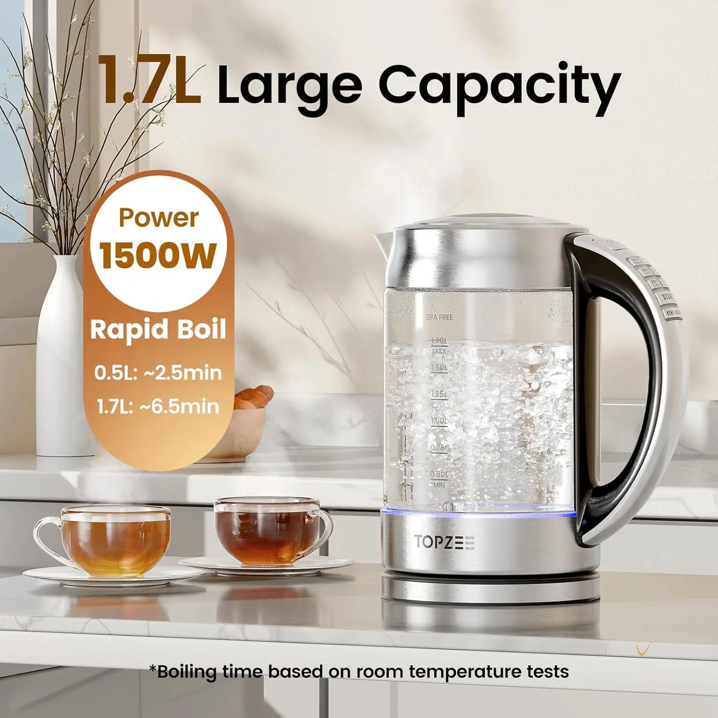 1.7L Glass Electric Kettle with 6 Preset Temperatures, Keep Warm, Auto Shut-off, BPA-Free, Rapid Boil 1500W for Coffee & Tea