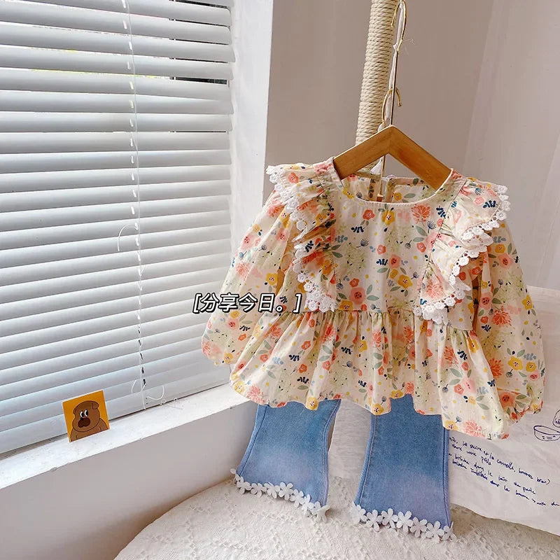 New Girls Clothes Sets Autumn Spring Long Sleeve Shirt+jeans Toddler Girl Clothes Fashion Kids Clothes Girls Suits Children 2pcs