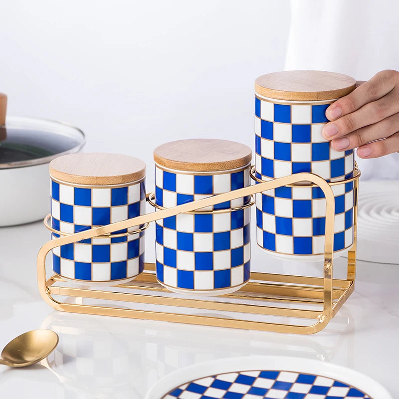 Black and White Lattice Storage Tank Checkerboard Sealed Tank Kitchen Storage Food Grade Ceramic Tank Box Tea Storage Tank