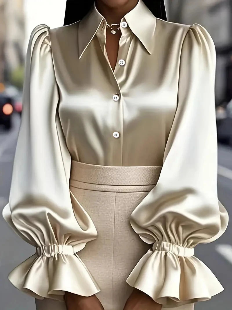 Elegant Satin Blouse with Ruffled Cuff Sleeves and Button-Down Collar - Chic Office & Casual Wear Top