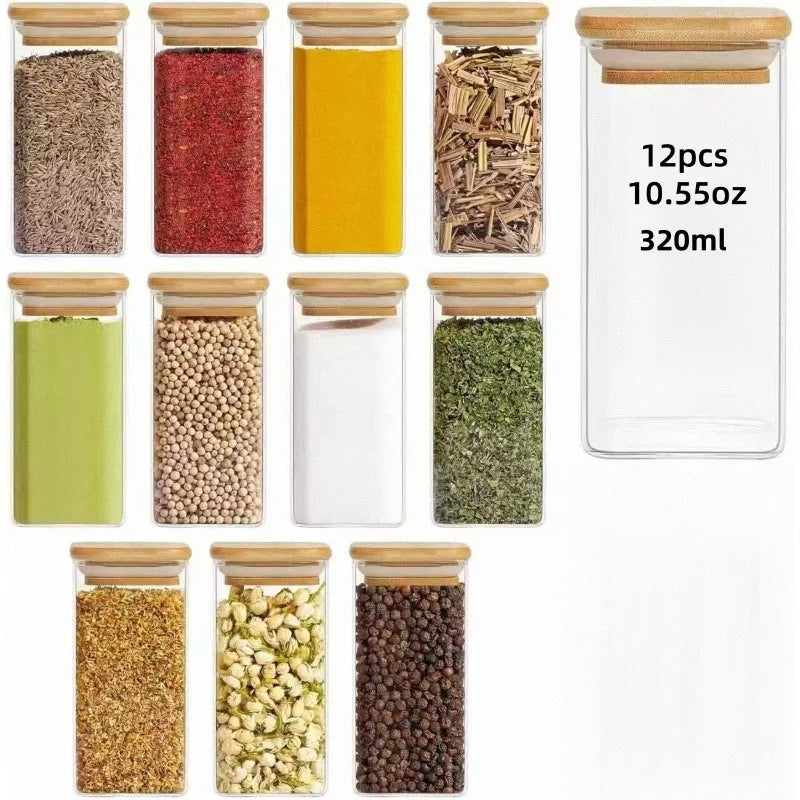 1/4/6/8/12Pcs - Square Food Storage Containers, Kitchen Spice Glass Jars, Transparent Glass Jar Set, Square Wide-Mouth Glass Storage Containers, Glass Airtight Jars, Coffee Bean Storage Containers, for Kitchen Spices, Grains,