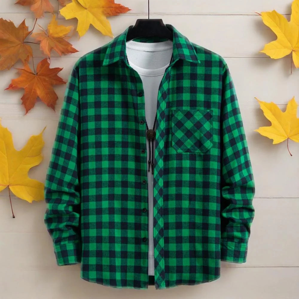 Men's long-sleeved lapel all-match plaid shirt spring and autumn fashion casual outdoor men's shirt