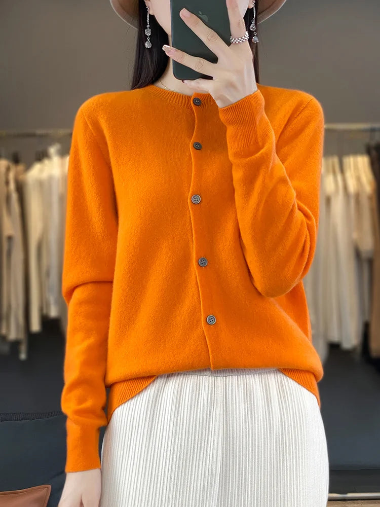 100% Merino Wool Sweater Women O-Neck Cardigan Basic Style  Buttoned Knitwear Female Casual Autumn Winter Soft Tops