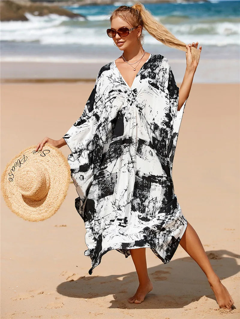 Plus Size Womens Animal Print Kaftan Dresses Caftans Swimwear Coverups Summer Bathing Suit Long Beach Dress