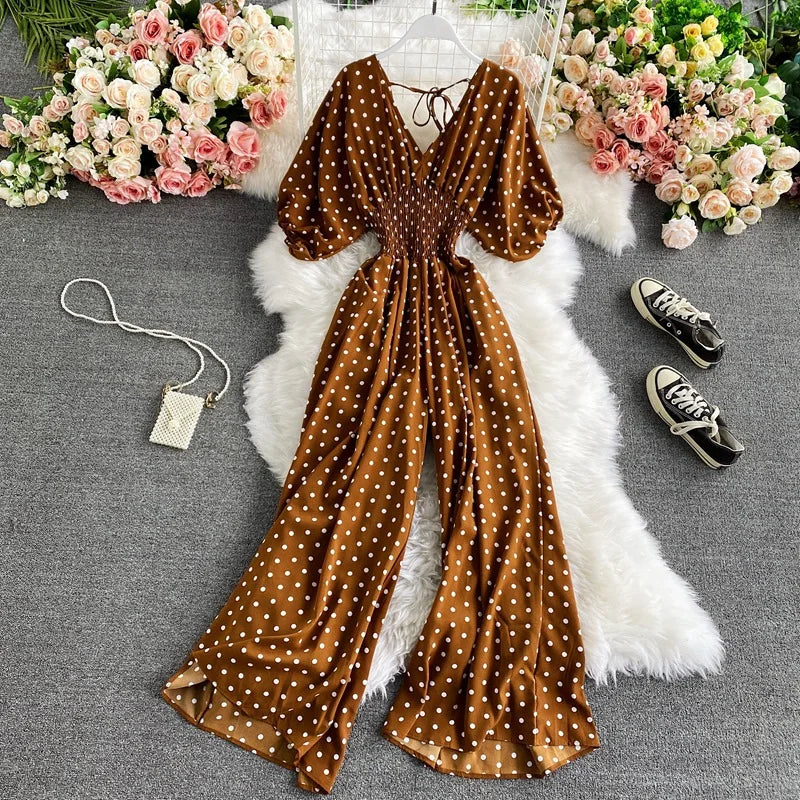 Women Wide Leg Trousers Jumpsuit V Neck Sexy Dolman Sleeves Waist Slim Polka Dot Print Jumpsuit