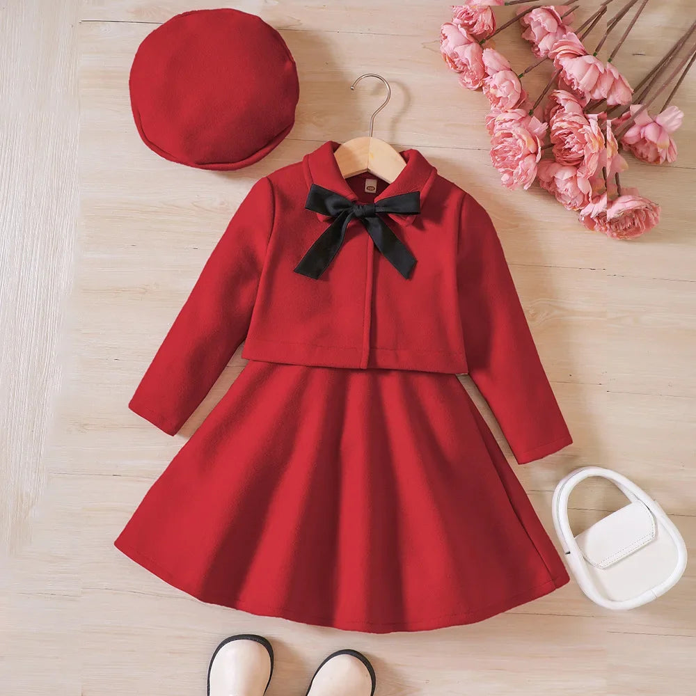 Autumn/Winter Bow Red Coat and Hat Dress Three Piece Set Christmas Girl Clothing New Year Party Children's Clothing 2-6 Years