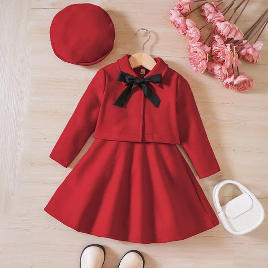 Autumn/Winter Bow Red Coat and Hat Dress Three Piece Set Christmas Girl Clothing New Year Party Children's Clothing 2-6 Years