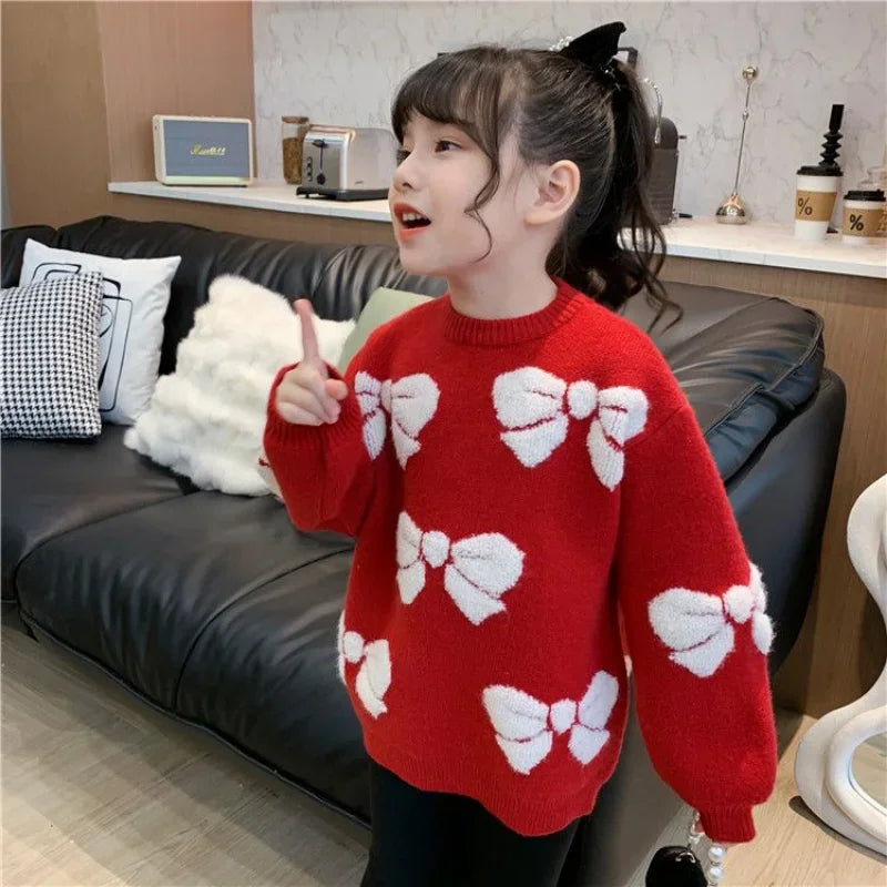Girls Sweater Fashion Children's Clothing Plush Knitted Winter Wear New Girls Red Christmas Thickened Sweater Kids 8 10 14 Years