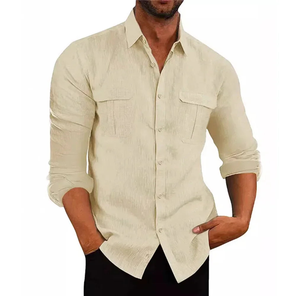 Men's New Cotton Linen Material Shirt Double Pocket Casual Breathable Long-sleeved Shirt Lapel Solid Colour Men's Tops