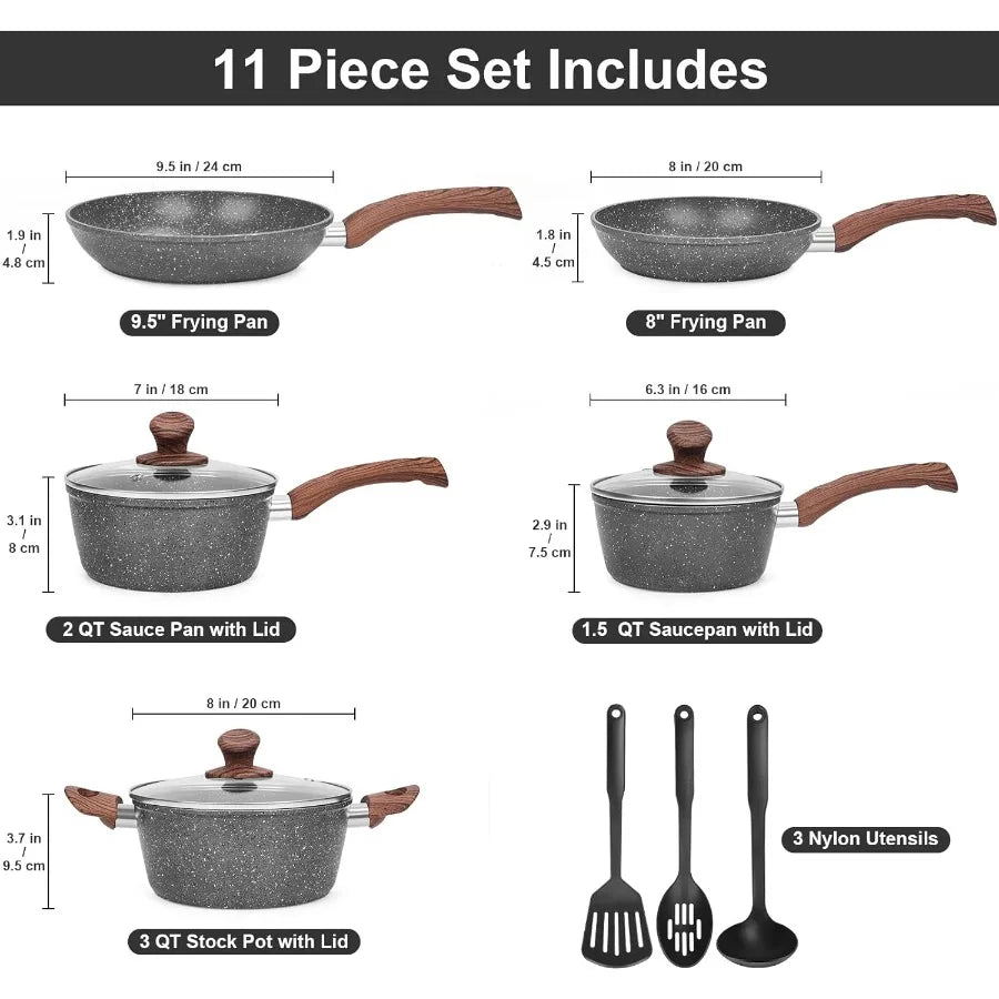 Granite Pots and Pans Set Non Stick 11 Piece DieCast Induction Cookware Set for Home Kitchen Cooking Includes Frying Pans and S