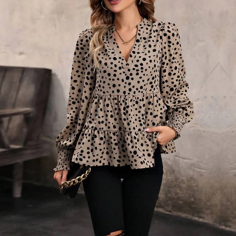 Plus Size Women's Shirt, V-Neck Long Sleeves, Geometric Polka Dot Print, Layered Design Top, Suitable for Work and Casual Wear