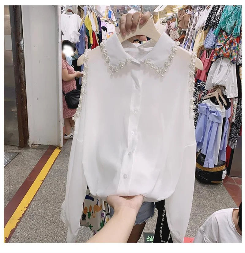 Fashion Women Clothing Thin Pearl Tops Chiffon Loose Off Shoulder Blouse 2025 Spring Summer Lapel Hollow Out Solid Sexy Shirt To