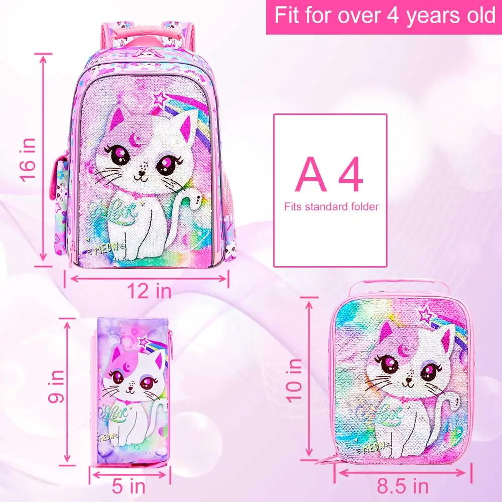 3PCS Girls Backpack, 16”Kids Cat Sequin Bookbag with Lunch Box, Water Resistant School Bag for Elementary Preschool Toddler