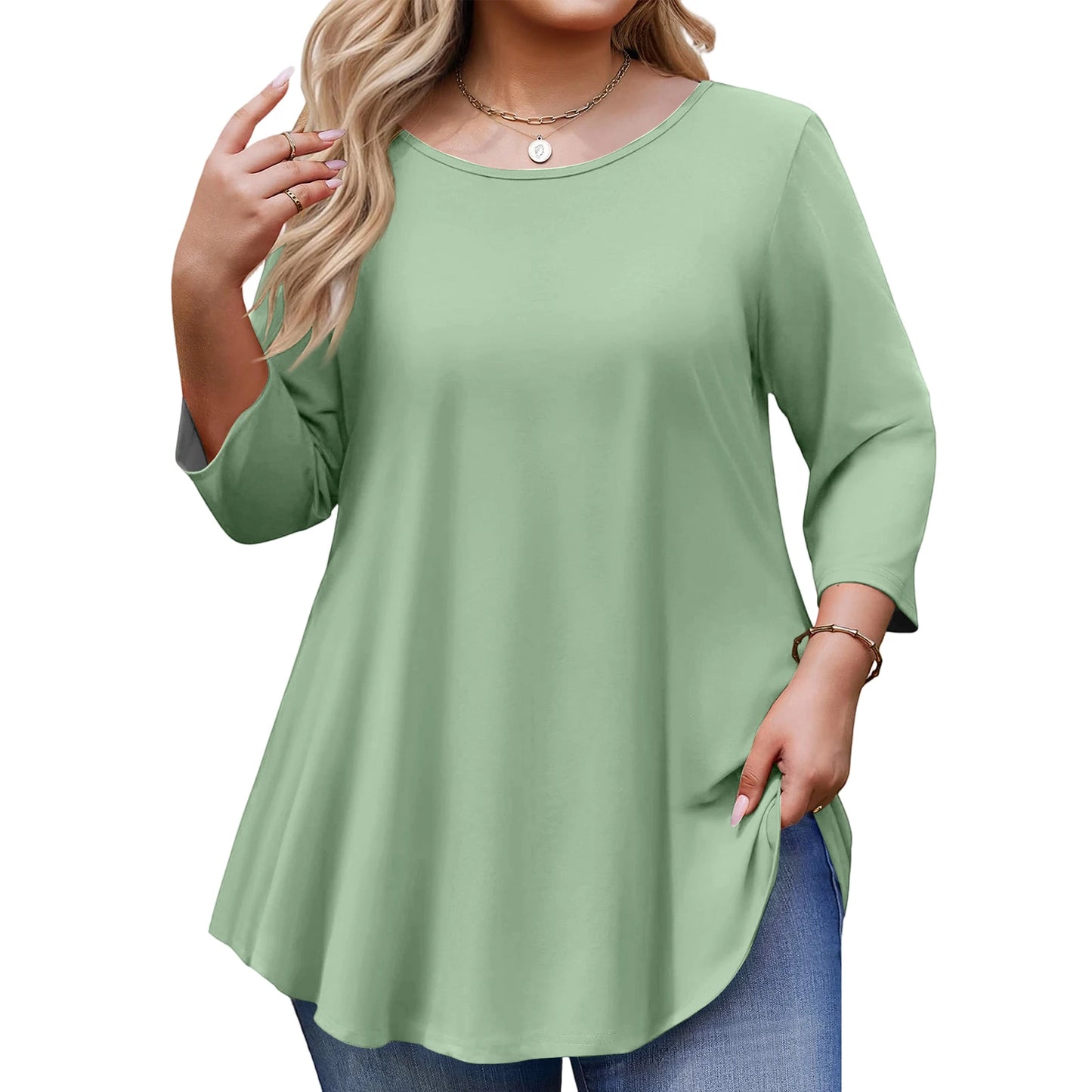 Spring Fall Women's Plus Size Long-sleeved Top, Solid Color Round Neck Curved Hem Loose T-shirt Spring Autumn Casual Top Mujer