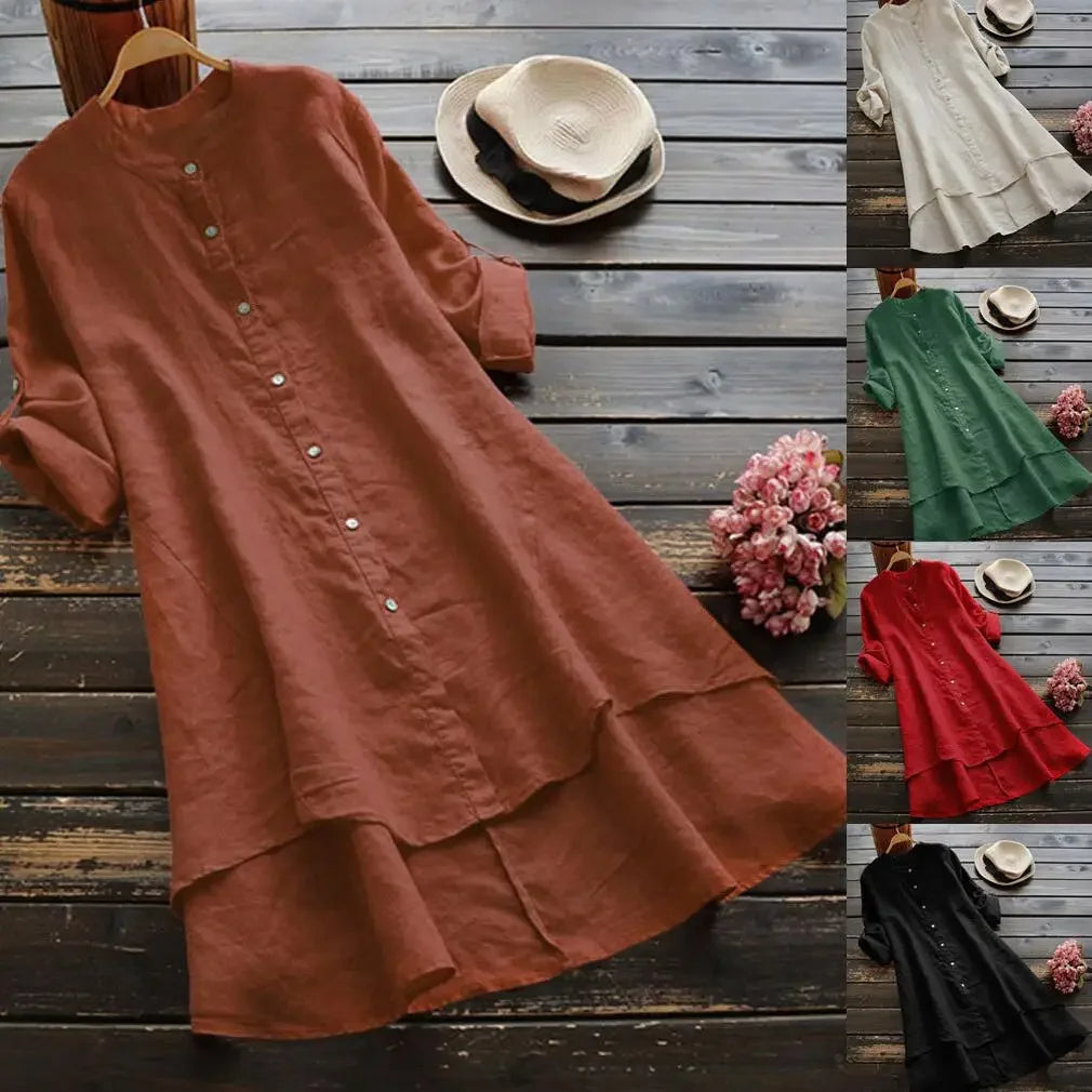 Fast Selling Spring SummerNew Women's Solid Color Button Cotton Linen Long Sleeve Long Length Shirt
