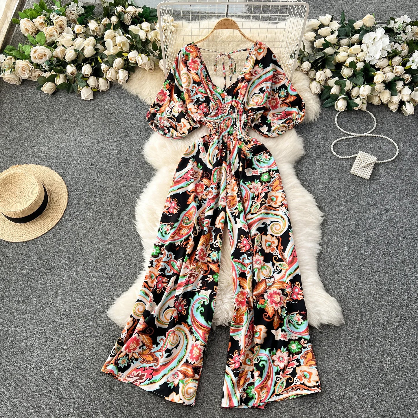 V Neck Sexy Dolman Sleeves Waist Slim Polka Dot Print Jumpsuit Women Wide Leg Trousers Jumpsuit