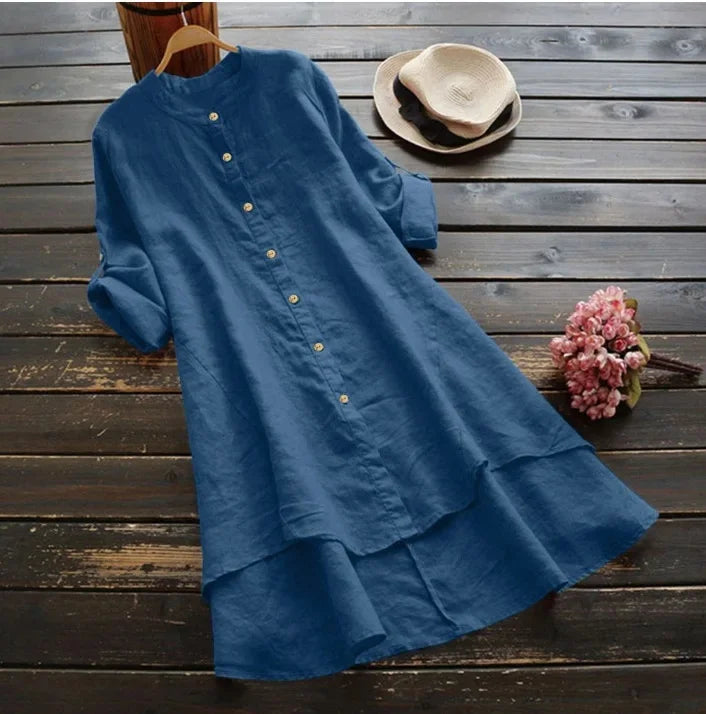 Fast Selling Spring SummerNew Women's Solid Color Button Cotton Linen Long Sleeve Long Length Shirt