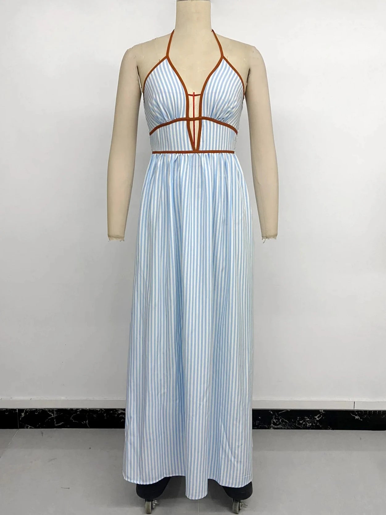 Summer Blue Striped Backless Beach Dress Women Sexy Halter V-neck Sleeveless Maxi Dress Female Holiday Party Dress 2026 New