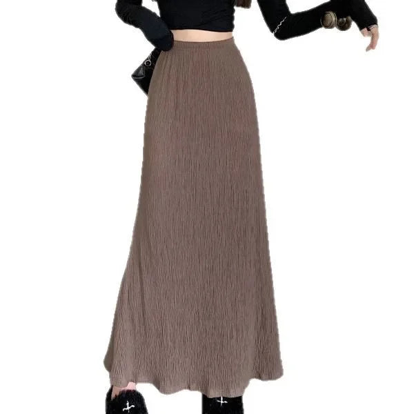 High Waist A- Line Pleated Skirt Women's Casual Lazy Style Spring Summer New Slimming Midi Dress Polyester Fiber Plain Color
