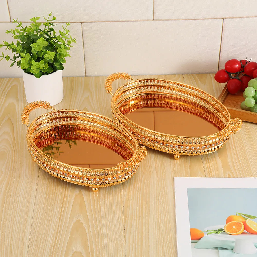 2Pcs European high-end tray gold hollow hotel household fruit plate wrought iron size set snack storage basket