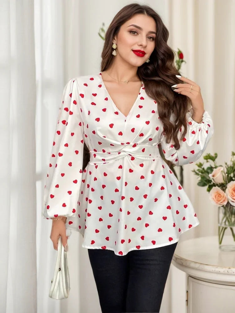 Plus Size New Woman Cute Love Heart Print Top V-neck Popular Versatile Slim Fit Long Sleeve in-Stock Blouse Clothing Resort Wear