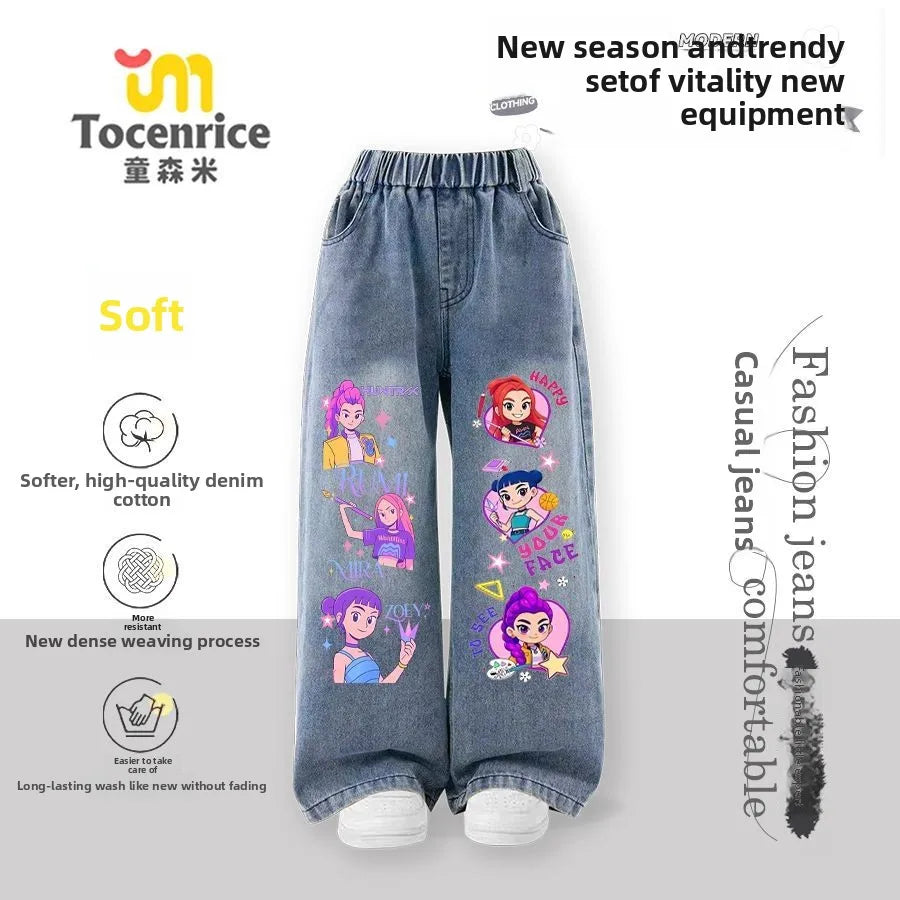 Kpop witch hunters children's jeans girls spring and autumn new straight trousers girls casual pants tide
