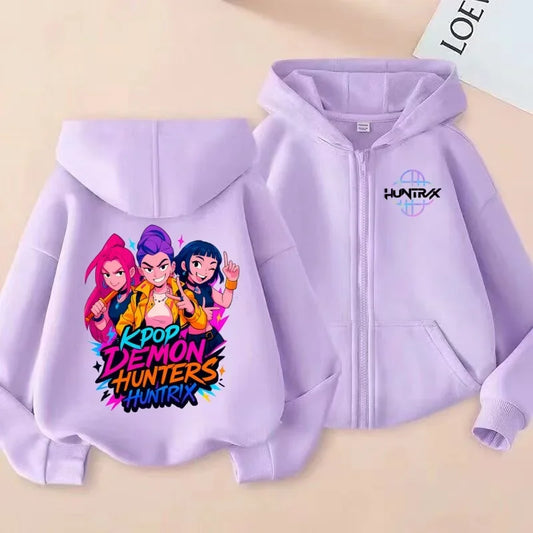 "KPOP Demon Hunters Huntrix Cool Three-Person Printed Children's Zipper Shirt Sweater Korean Style Personalized Top"