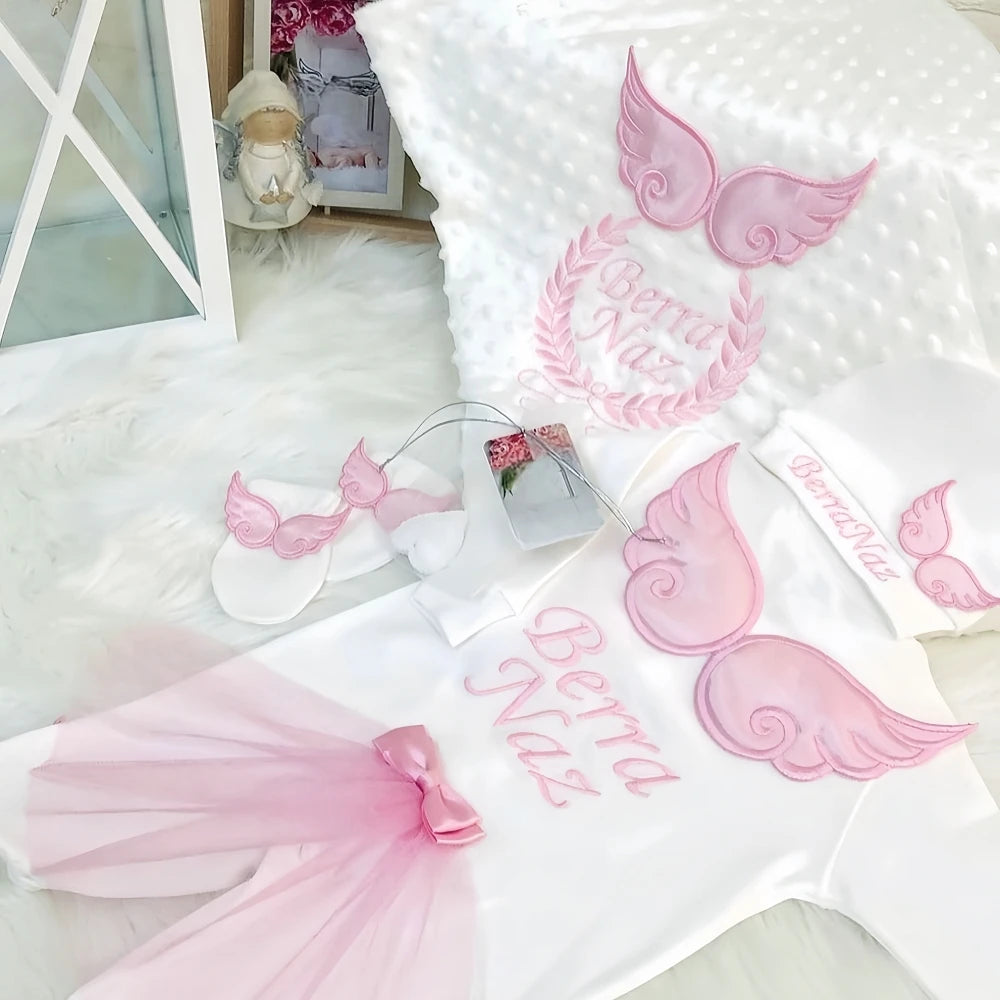 Dollbling Hospital Exit 5pcs Embroidery Name Newborn Angle Wings Romper Blanket  Nursery Bedding Swaddle Handmade Infant Outfit