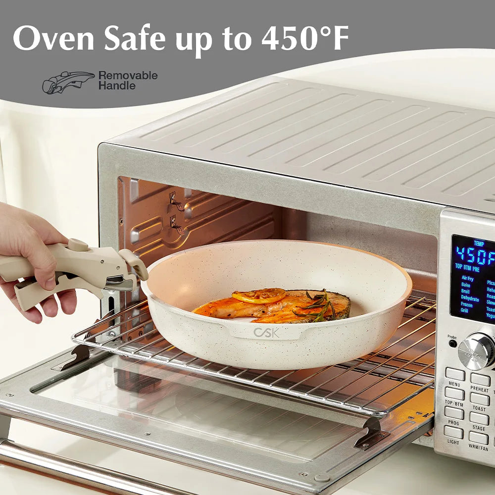 17 Piece Nonstick Skillet and Saucepan Set with Silicone Lid and Utensils Induction, Detachable Handle, Oven Available, Beige