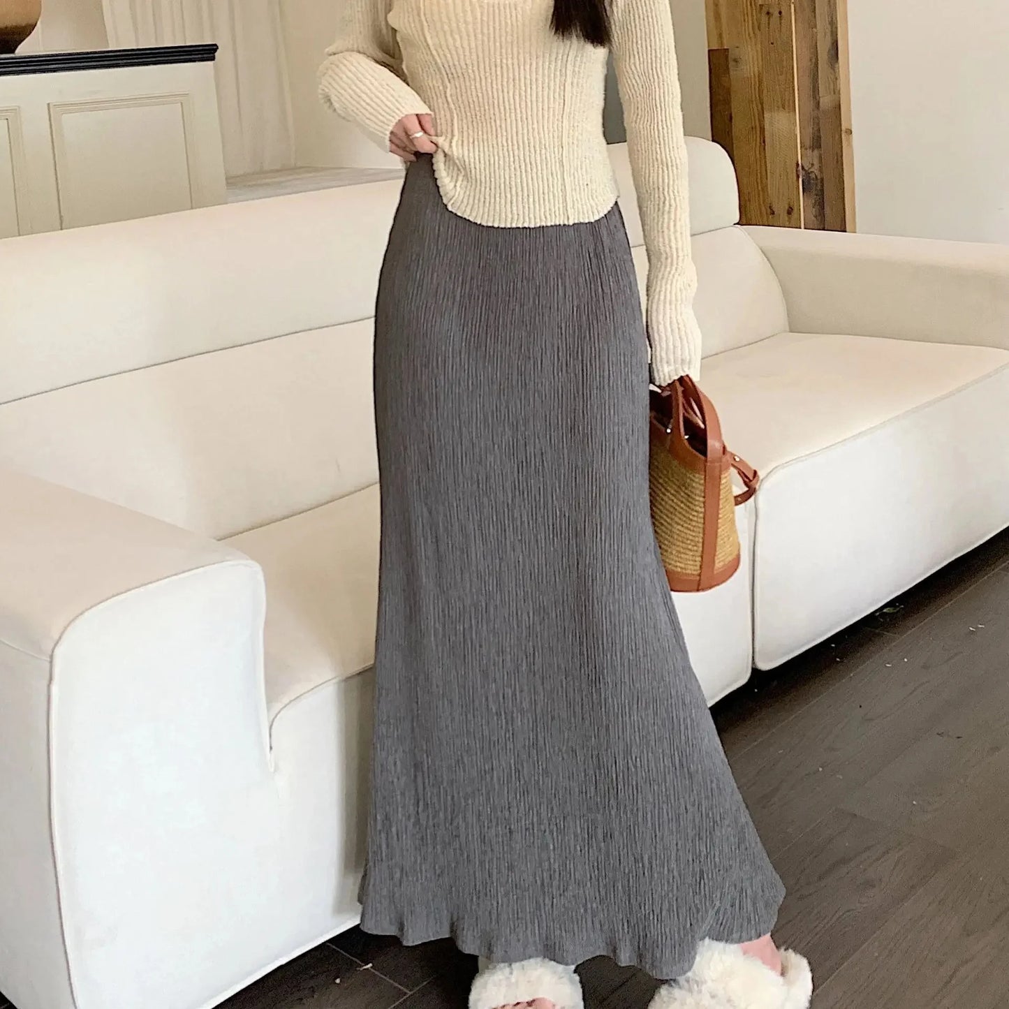 High Waist A- Line Pleated Skirt Women's Casual Lazy Style Spring Summer New Slimming Midi Dress Polyester Fiber Plain Color