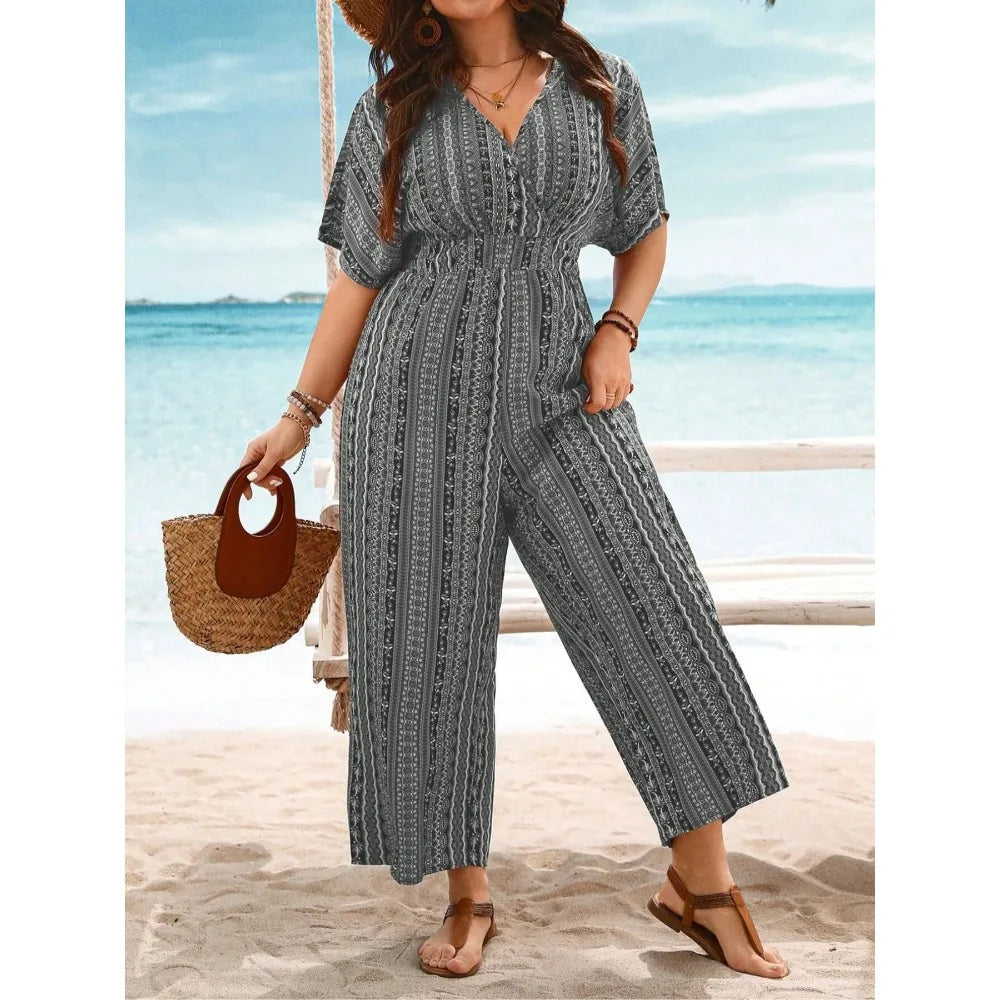 Plus Size 1XL-5XL Fashion Women's New Casual Print Short Sleeve Jumpsuit