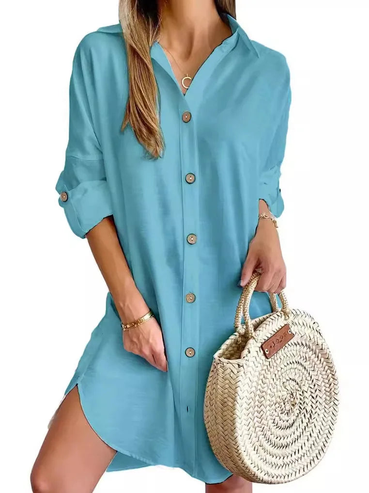 Women's Long Sve Collar Button up irt Dr High Waist Skirt Sle Casual Faion Polyester Fabric Iron Free Summer Dr