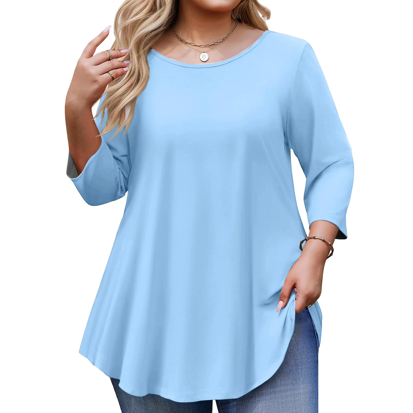 Spring Fall Women's Plus Size Long-sleeved Top, Solid Color Round Neck Curved Hem Loose T-shirt Spring Autumn Casual Top Mujer